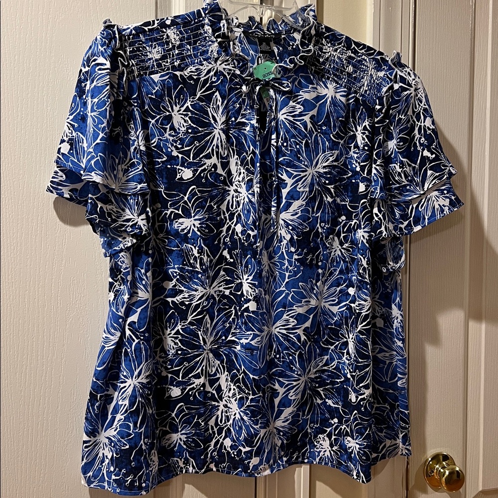 Blue and White Floral Blouse
